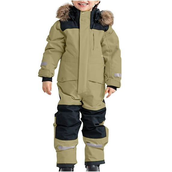 Huesdet Kids Girls Boys One Pieces Snowsuits Ski Suits Jumpsuits Snowboard Outdoor Winter Waterproof Jackets(Khaki,4-5 Y)