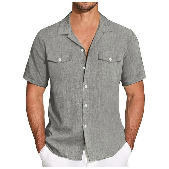 Huesdet Men's Casual Button Up Shirts Short Sleeve Textured Summer Beach Shirt with Pocket(Grey,L)