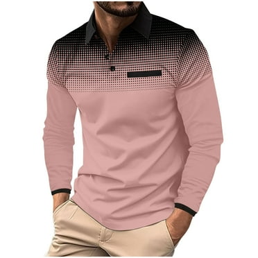 Huesdet Men's Casual Polo Shirts Classic Button Basic Long Sleeve Shirt Solid Color Cotton Tees Stylish Tops(Pink,S)