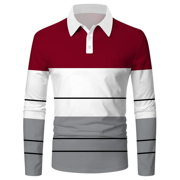 Huesdet Men’s Long Sleeve Polo Shirt Casual Slim Fit Shirts Contrast Color Patchwork T Shirts Cotton Tops(Red,M)