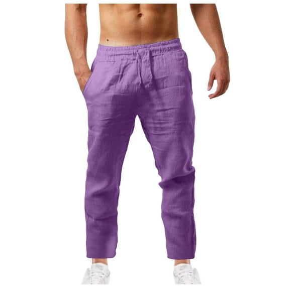 Huesdet Mens Cotton Linen Loose Fitting Casual Pants Lightweight Elastic Waist Yoga Summer Beach Trousers Drawstring Pants with Pockets(Purple,S)