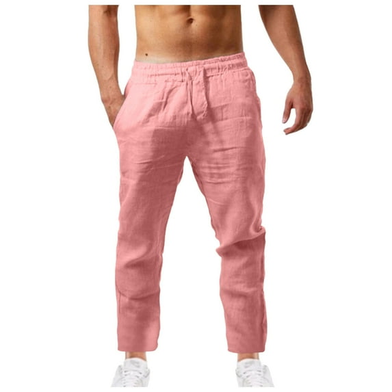 Huesdet Mens Cotton Linen Pants,Elastic Waist Casual Drawstring Summer Beach Pants for Men Jogger Yoga Trousers(Pink,L)