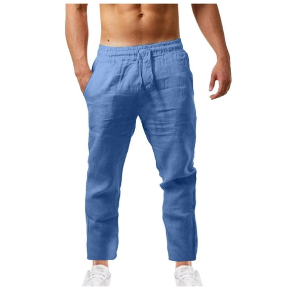 Huesdet Mens Linen Pants Casual Loose Lightweight Drawstring Elastic Waist Summer Yoga Beach Trousers(Blue,L)