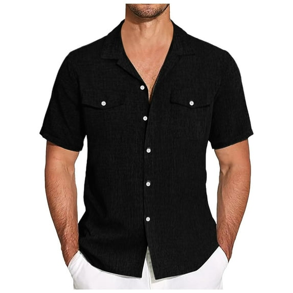 Huesdet Mens Summer Striped Shirts Button Up Short Sleeve Vintage Beach Hawaiian Shirts with Pocket(Black,3XL)