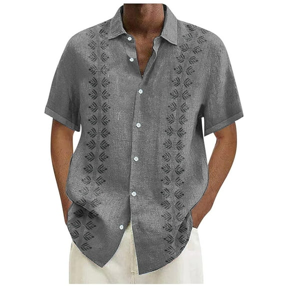 Huesdet Mens Summer Striped Shirts Button Up Short Sleeve Vintage Beach Hawaiian Shirts with Pocket(Grey,XL)