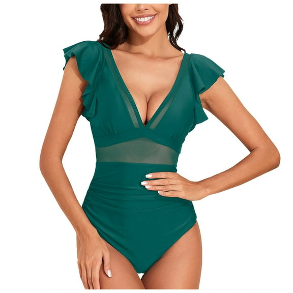 Huesdet One Piece Swimsuit Women Tummy Control Vintage Swimsuits Mesh U Back Modest Swimwear[Blue,M]