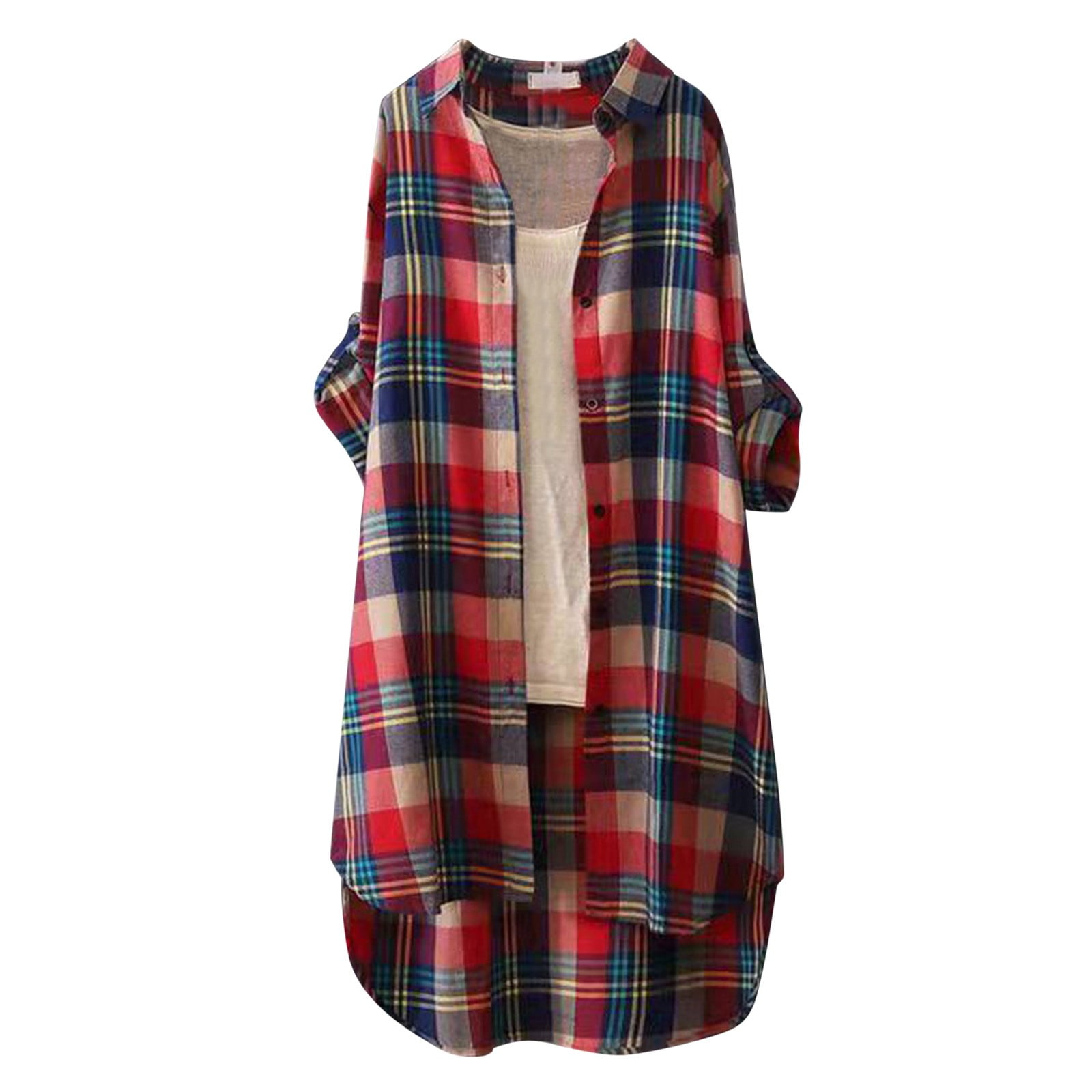 Plaid Print Flannel Top with Hi-Lo Hem.