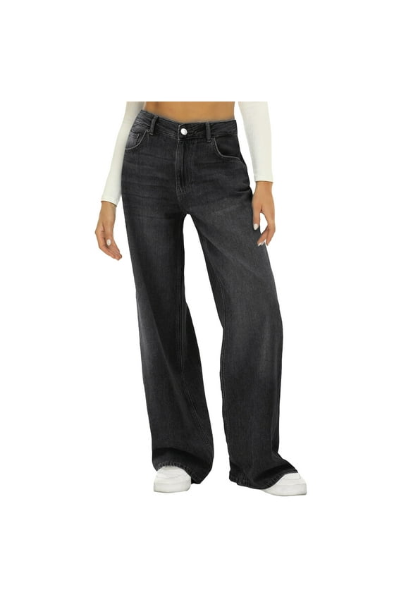Pull On Womens Jeans Baggy Stretchy High Waisted Denim Wide Leg Trouser Pants Trendy Front Seam 90s Loose Jean(Black,S)