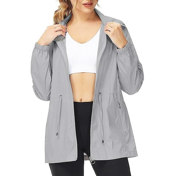 Huesdet Rain Jacket Women Waterproof Lightweight Raincoats with Hood Plus Size Active Outdoor Hooded Rain Coat Windbreaker(Grey,S)
