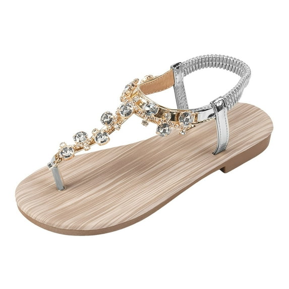 Huesdet Rhinestone Sandals Women's Flat Sandals Flip Flop Jeweled Sandals Rhinestone Thong Sandals for Women(Silver,5.5)