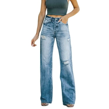 Huesdet Straight Leg Jeans for Women High Waisted Jeans Frayed Baggy Pants Raw Hem Loose Stretchy Cropped Wide Leg Jeans(Blue,S)