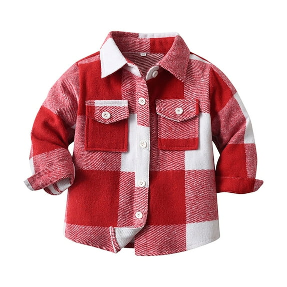 Huesdet Toddler Baby Boy Girl Flannel Plaid Shirt Jacket Button up Shacket Kid Long Sleeve Coat Top Fall Clothes(Watermelon Red,4-5 Years)