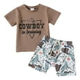 thumbnail image 1 of Huesdet Toddler Baby Boy Summer Clothes Short Sleeve T-Shirt and Rolled Stretch Shorts Set Cute 2-Piece Outfit for Boys Ideal for Summer Adventures(Khaki,12-18 Months), 1 of 9