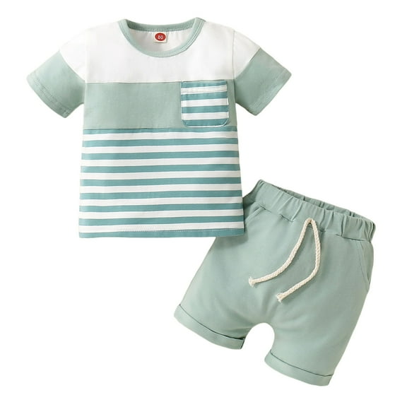 Huesdet Toddler Boy's 2-Piece Summer Outfit Linen Striped Short Sets Button-Up Shirt and Shorts Comfortable and Stylish Baby Boy Clothes for Summer(Green,0-6 Months)