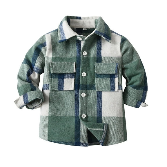 Huesdet Toddler Boys Girls Plaid Flannel Shirts Jacket Long Sleeve Lapel Button Up Shacket Fall Outerwear for Kids(Green,6-12 Months)
