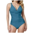 thumbnail image 1 of Huesdet Tummy Control Swimsuits for Women One Piece Bathing Suit Push Up Ruched V Neck Full Coverage Swimwear(Light Blue,L), 1 of 5