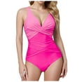 thumbnail image 1 of Huesdet Tummy Control Swimsuits for Women One Piece Bathing Suit Push Up Ruched V Neck Full Coverage Swimwear(Pink,XL), 1 of 5