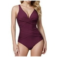 thumbnail image 1 of Huesdet Tummy Control Swimsuits for Women One Piece Bathing Suit Push Up Ruched V Neck Full Coverage Swimwear(Wine,S), 1 of 5