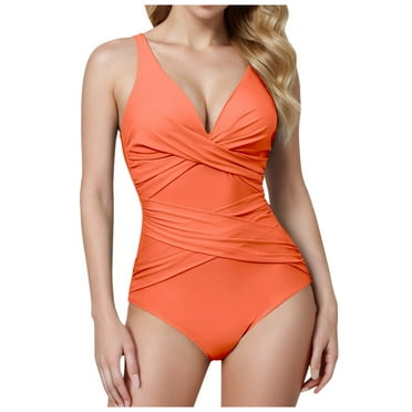 Huesdet Tummy Control Swimsuits for Women One Piece Bathing Suit Push Up Ruched V Neck Full Coverage Swimwear(Orange,XL)
