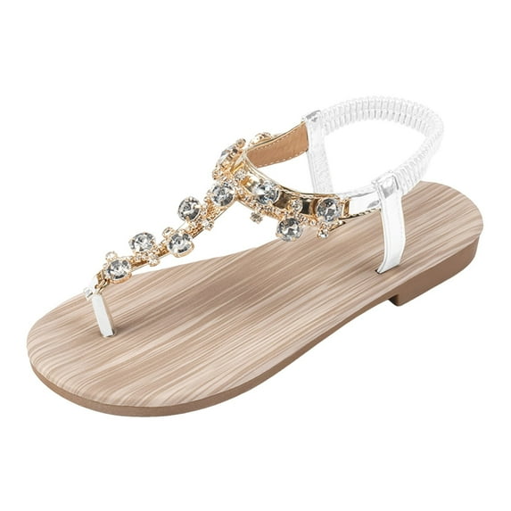 Huesdet Women Bedazzled Bling Rhinestones Chains Thong Boho Beach Flat Bridal Gems Gladiator Summer Jewel Sandals for Wedding(White,5.5)