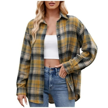 Huesdet Women Casual Comfort Fit Long Sleeve Button up Plaid Flannel Shirt Tops（Yellow,M）