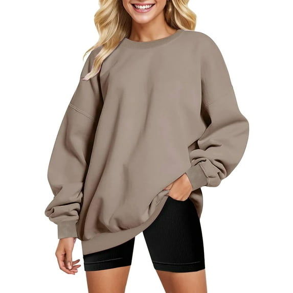 Huesdet Women Crew neck Sweatshirts Long Sleeve Casual Oversized Sweatshirt(Khaki,XL)