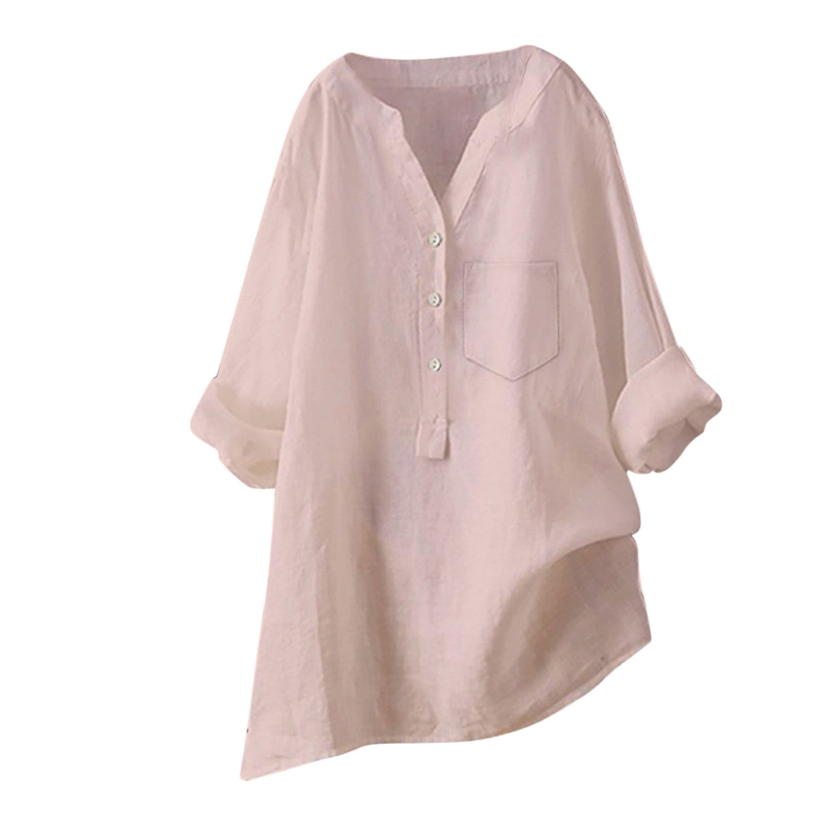 Women's Shirt Blouse Linen Casual Daily Pink Long Sleeve Solid Basic V Neck Spring Fall