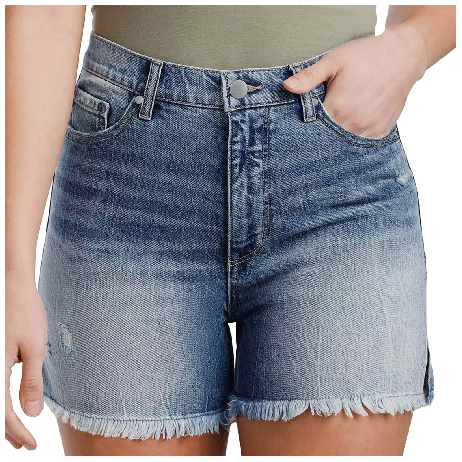 Huesdet Women Ripped Denim Jean Shorts High Waisted Casual Summer Folded Hem Short Jeans with Pockets(Blue,XXL)