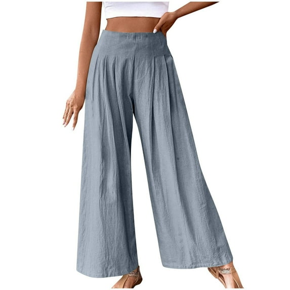 Huesdet Women Summer High Waisted Cotton Linen Pants Wide Leg Long Lounge Pant Trousers with Pocket(Grey,S)