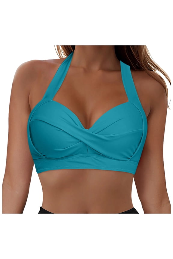 Women Swimsuit Bikini Top Wrap Self Tie Bathing Suit with Fixed Wide Straps Bikini Tops for Women[Navy,M]