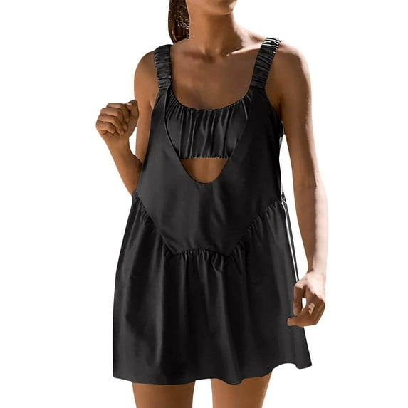Huesdet Women Tennis Dress with Built in Shorts and Bra,Sleeveless Casual Summer Backless Golf Dress,Workout Athletic Dress(Black,XXL)