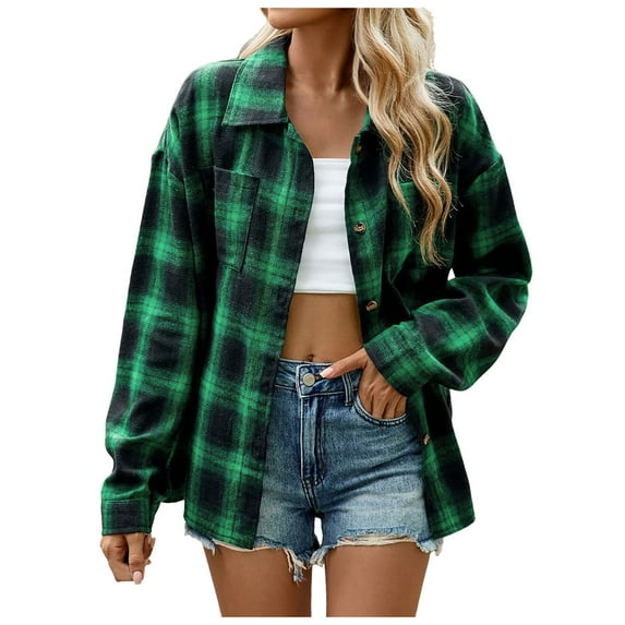 Huesdet Women's Brushed Plaid Shirts Long Sleeve Flannel Lapel Button Up Cardigan Boyfriend Shacket Jacket Coats(XXL,Green)
