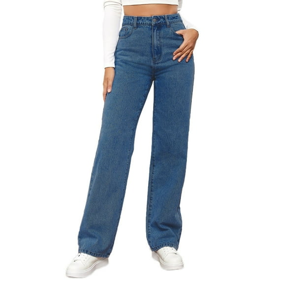 Huesdet Women's Casual Denim Pants Wide Leg Palazzo Jeans Baggy Comfy Solid Long Pants Trousers for Women(Dark Blue,XXL)