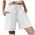thumbnail image 1 of Huesdet Women's Elastic Waist Casual Comfy Cotton Linen Beach Shorts with Drawstring Pockets Knee Length Curling Bermuda Shorts Womens Clothes(White,M), 1 of 5