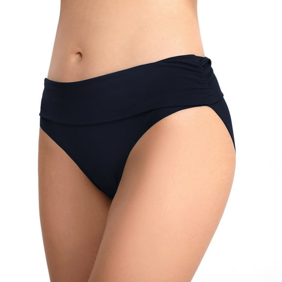 Huesdet Women's High Waisted Full Coverage Cheeky Bikini Bottoms Tummy Control Adjustable Dtawstring Swim Bottoms(Navy,L)