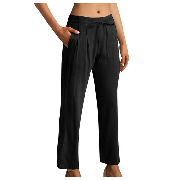 Huesdet Women's Linen Pants 2024 New Casual Pants for Womens Wide Leg Loose Elastic Waist Pants Trousers with Pocket Black,XXL