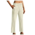 thumbnail image 1 of Huesdet Women's Linen Pants 2024 New Casual Pants for Womens Wide Leg Loose Elastic Waist Pants Trousers with Pocket White,L, 1 of 5