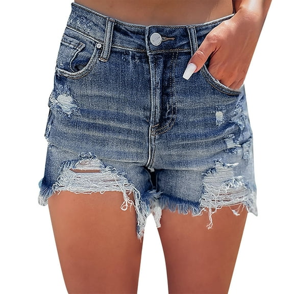 Huesdet Women's Mid Rise Ripped Frayed Raw Hem Stretchy Jeans Shorts Summer Casual Cute Curvy Shorts Distressed Denim Shorts(Light Blue,S)