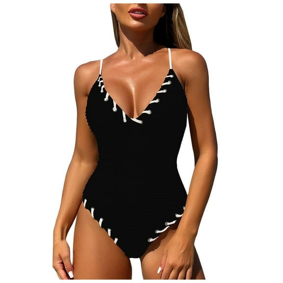 Huesdet Women's One-piece Swimsuits Deep V Neck Keyhole Cutout O Ring Textured Bathing Suit[Black,S]