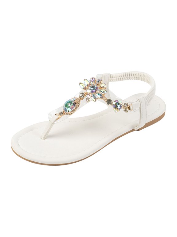 Women's Rhinestone Flat Sandals T-Strap Thong Sandals Summer Flat Sandals Flip Flop Sandals for Women(White,8)