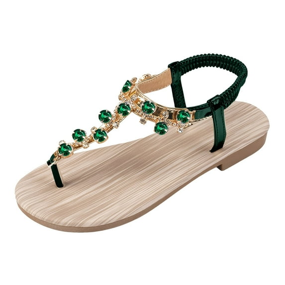 Huesdet Women's Rhinestone Flat Sandals with Clip Toe Jeweled Sandal Shoes for Summer Beach Oceanside Holiday Outdoor(Green,8)