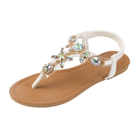 Huesdet Women's Rhinestone Thong Flats Sandals, Clip Toe Elastic T-Strap Bohemia Dressy Sandals for Women(White,7)
