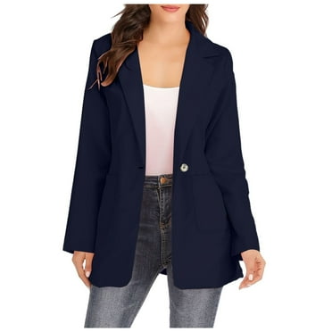 Huesdet Women's formal Business Blazer One Button Long Sleeve Suit Jacket for Lady with Notch Lapel Work Office(Navy,S)