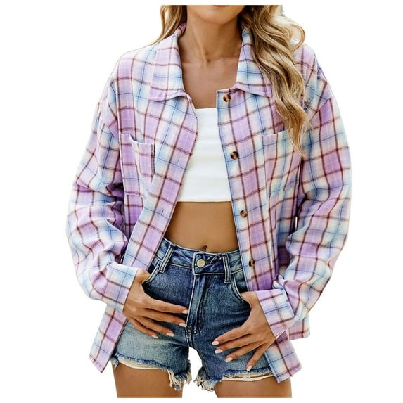 Huesdet Womens Buffalo Plaid Flannel Shirt Long Sleeve Collar Button Up Blouses Lightweight Tops(L,Purple)