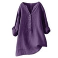 thumbnail image 1 of Huesdet Womens Button Down Cotton Linen Shirts Plus SiZe V Neck Tees Roll Up Long Sleeve Blouses Loose Collared Shirt Casual Work Tops(Purple,S), 1 of 5