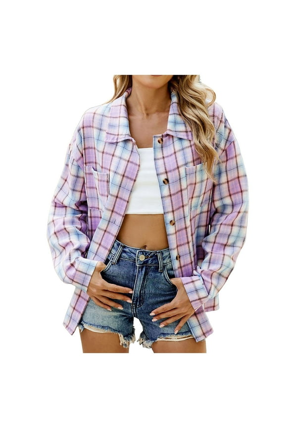 Womens Casual Cuffed Long Sleeve Boyfriend Button Up Plaid Flannel Shirt Tops(XL,Purple)