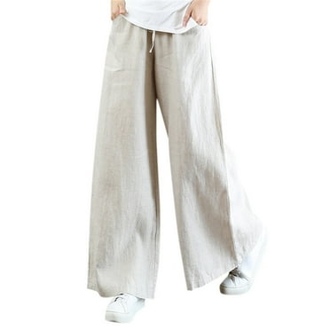Huesdet Womens Casual Linen Pants Straight Leg Drawstring Elastic High Waist Lounge Slacks Loose Comfy Trousers with Pockets（Beige,M）