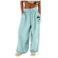 thumbnail image 1 of Huesdet Womens Casual Loose Fit Wide Leg Linen Pants Drawstring Stitching Pants Trousers with Pockets(Light Blue,L), 1 of 4
