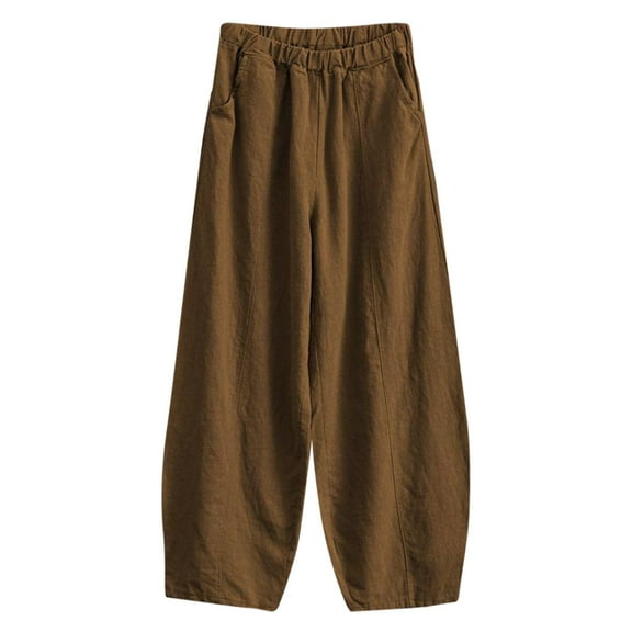 Huesdet Womens Cotton Linen Palazzo Pants Drawstring Elastic Waist Casual Wide Leg Trousers with Pockets(Khaki,M)