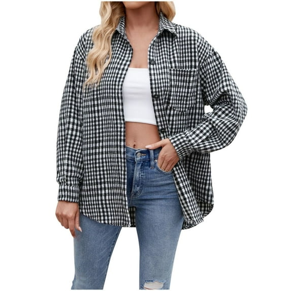 Huesdet Womens Fashion Flannel Plaid Shirt Button up Long Sleeve Casual Loose Collared Shirts Blouse Top Black,XL
